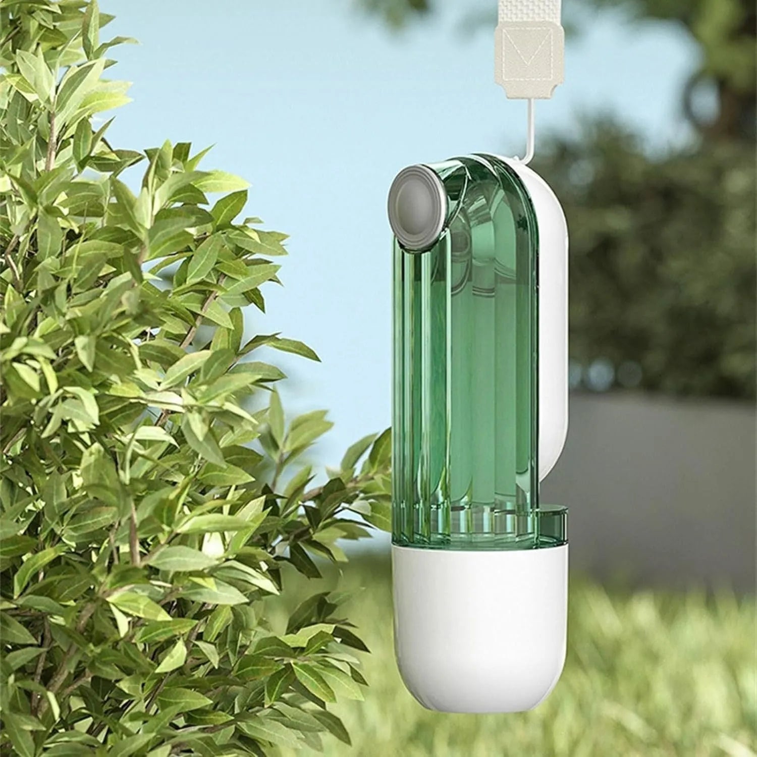 Beige foldable dog water bottle with drinking tray and base food container, shown open and closed