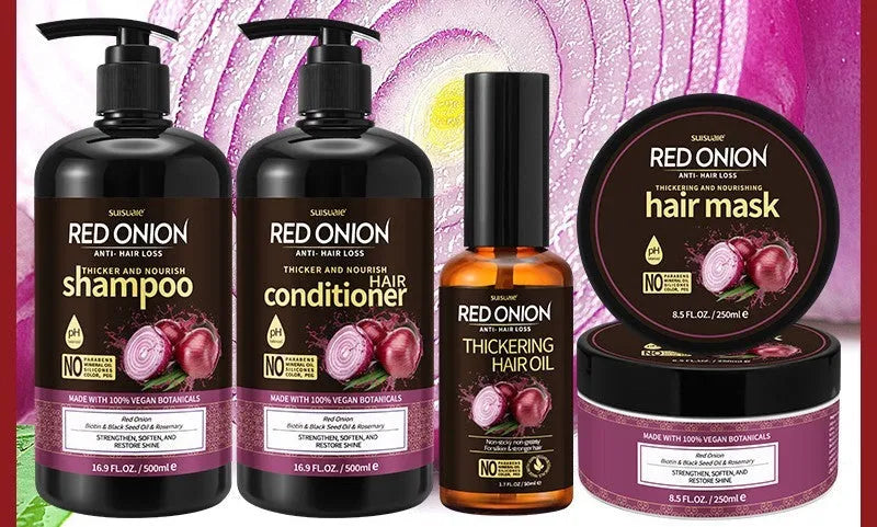 Red Onion Shampoo Conditioner Suit full set showing 500ml shampoo, 500ml conditioner, 250ml hair mask and 50ml essential oil bottles.