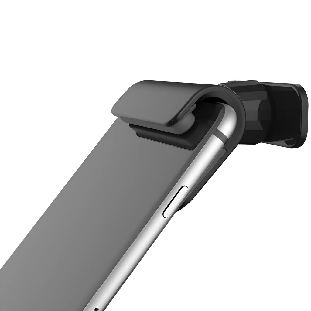 Black 360-degree rotating car phone holder mounted on car air vent with smartphone attached