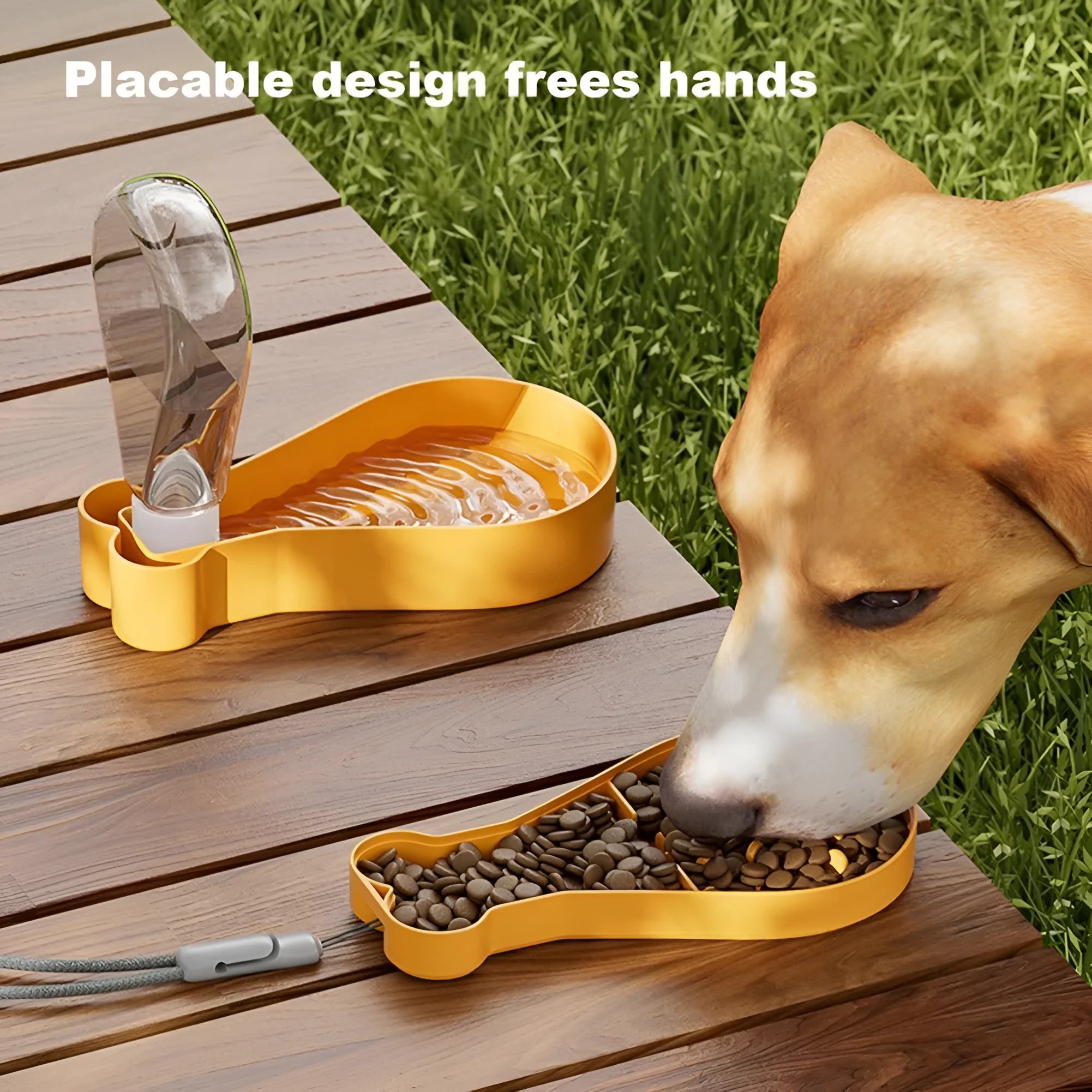 Orange and white portable pet water feeder with water bottle and food container for dogs and cats