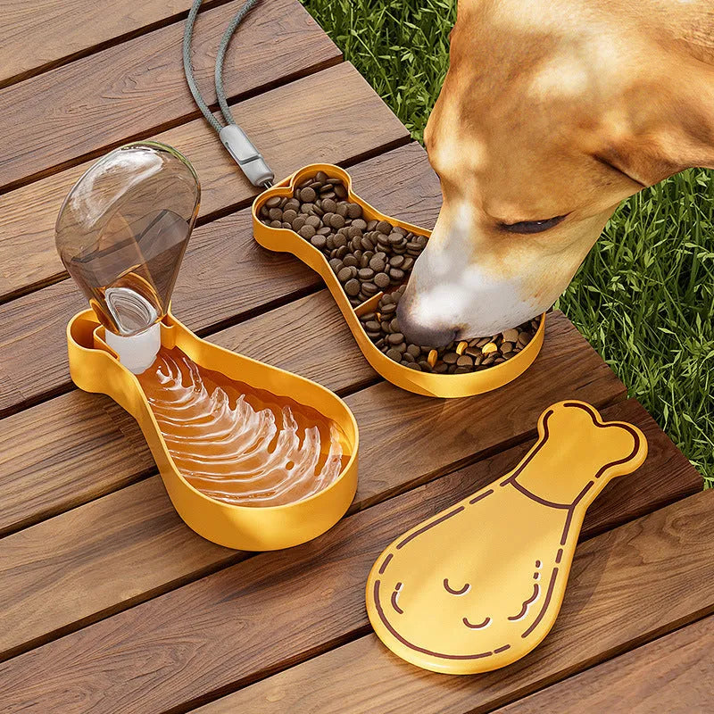 Orange and white portable pet water feeder with water bottle and food container for dogs and cats