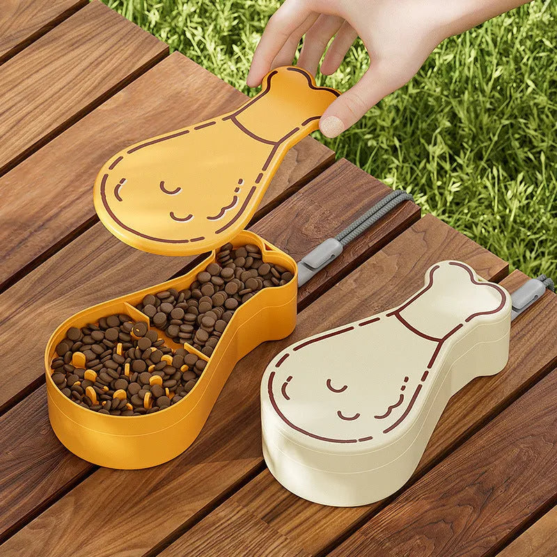 Orange and white portable pet water feeder with water bottle and food container for dogs and cats
