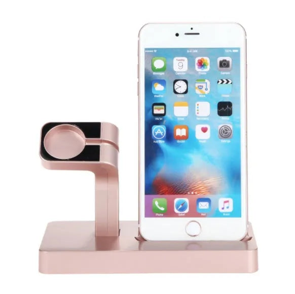 White 2-in-1 charging dock holding an iPhone and an Apple Watch upright on a desk.