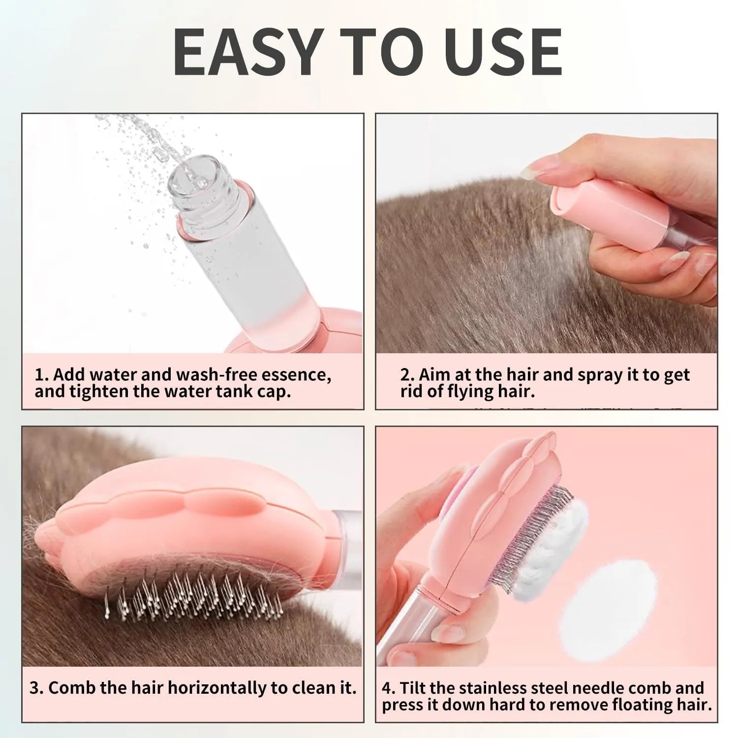 Grey spray cat brush with a release button on the handle, shown with stainless steel bristles.