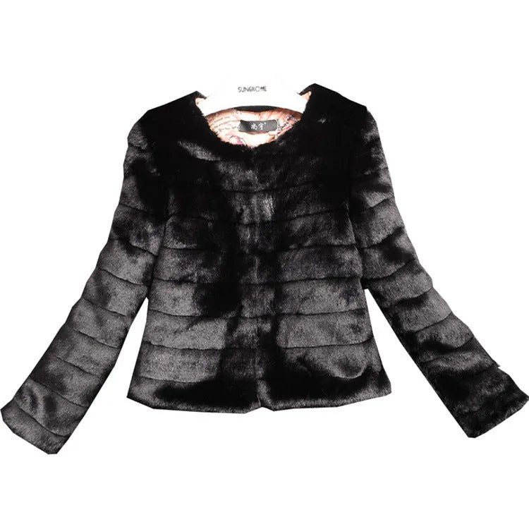 Women's short faux fur top in beige, shown with regular sleeves, for street fashion wear.