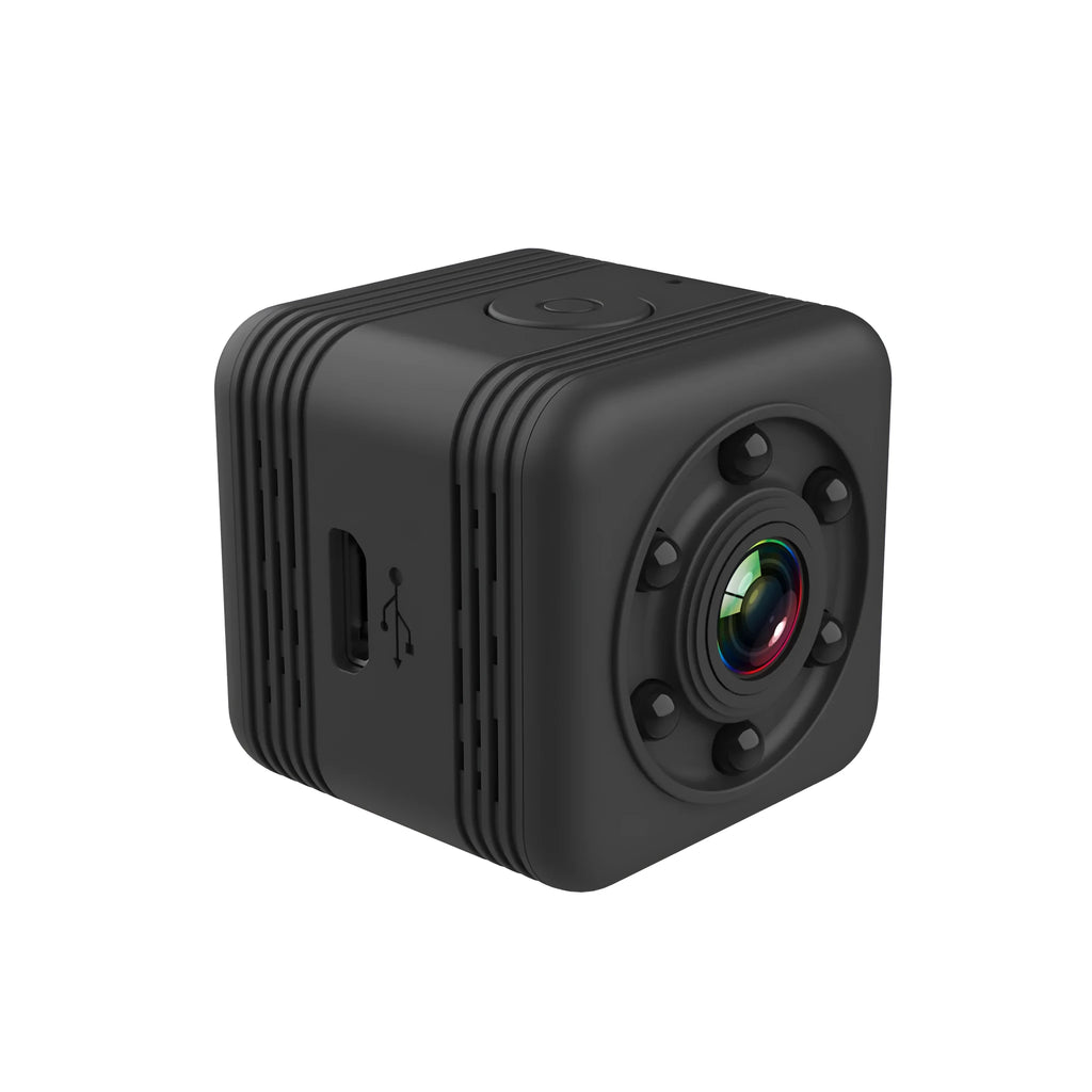 Black waterproof sports camera with MicroUSB port, for long-duration outdoor filming.