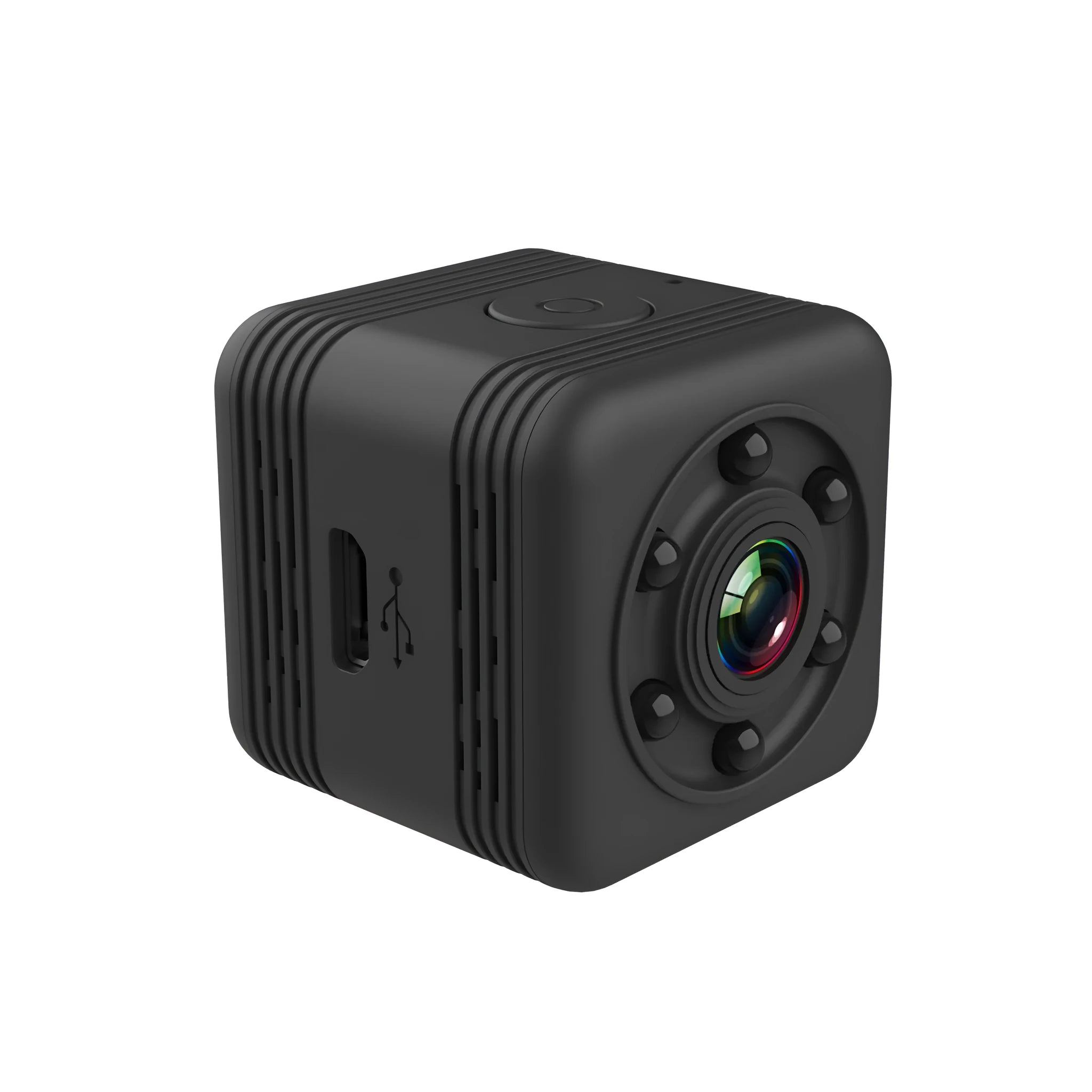 Black waterproof sports camera with MicroUSB port, for long-duration outdoor filming.