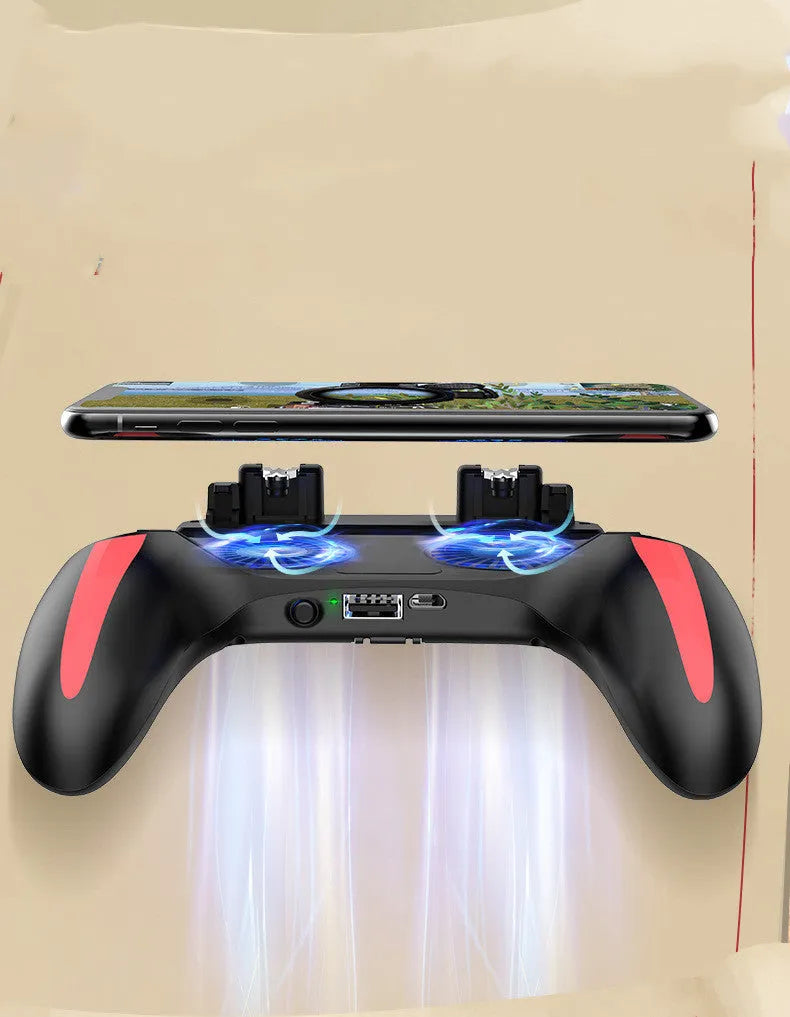 H10 mobile game controller with cooling fan attached to a smartphone showing the ABS handle and trigger buttons