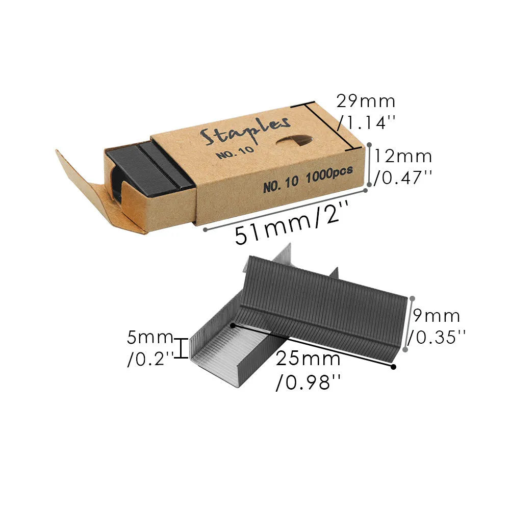 Box of 1000 metal office staples in rose gold, black, purple, and rose red colours.