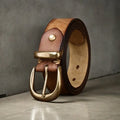 Men's black cattlehide leather belt with copper pin buckle shown at 95-125 cm length.