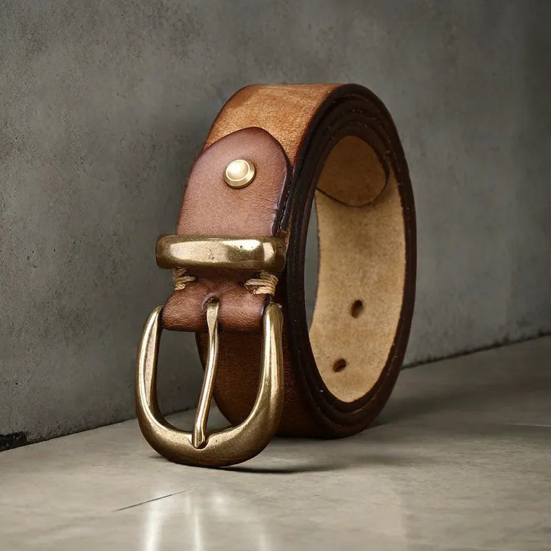 Men's black cattlehide leather belt with copper pin buckle shown at 95-125 cm length.