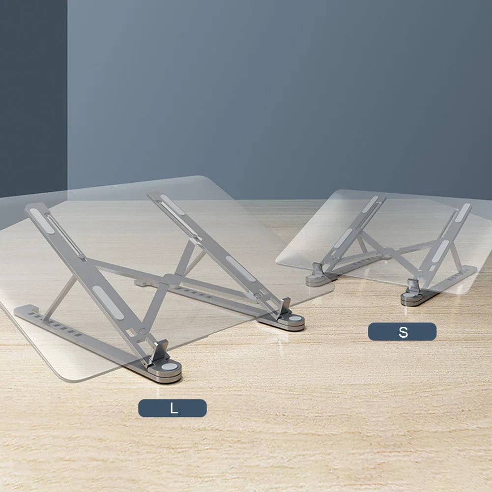 Aluminium laptop stand folded flat next to an open laptop showing adjustable height settings.