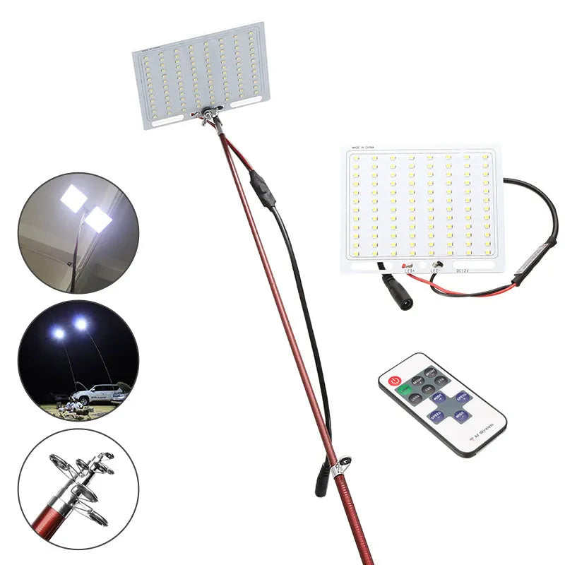 LED fishing rod light with remote controller on 5 metre telescopic pole for outdoor lighting