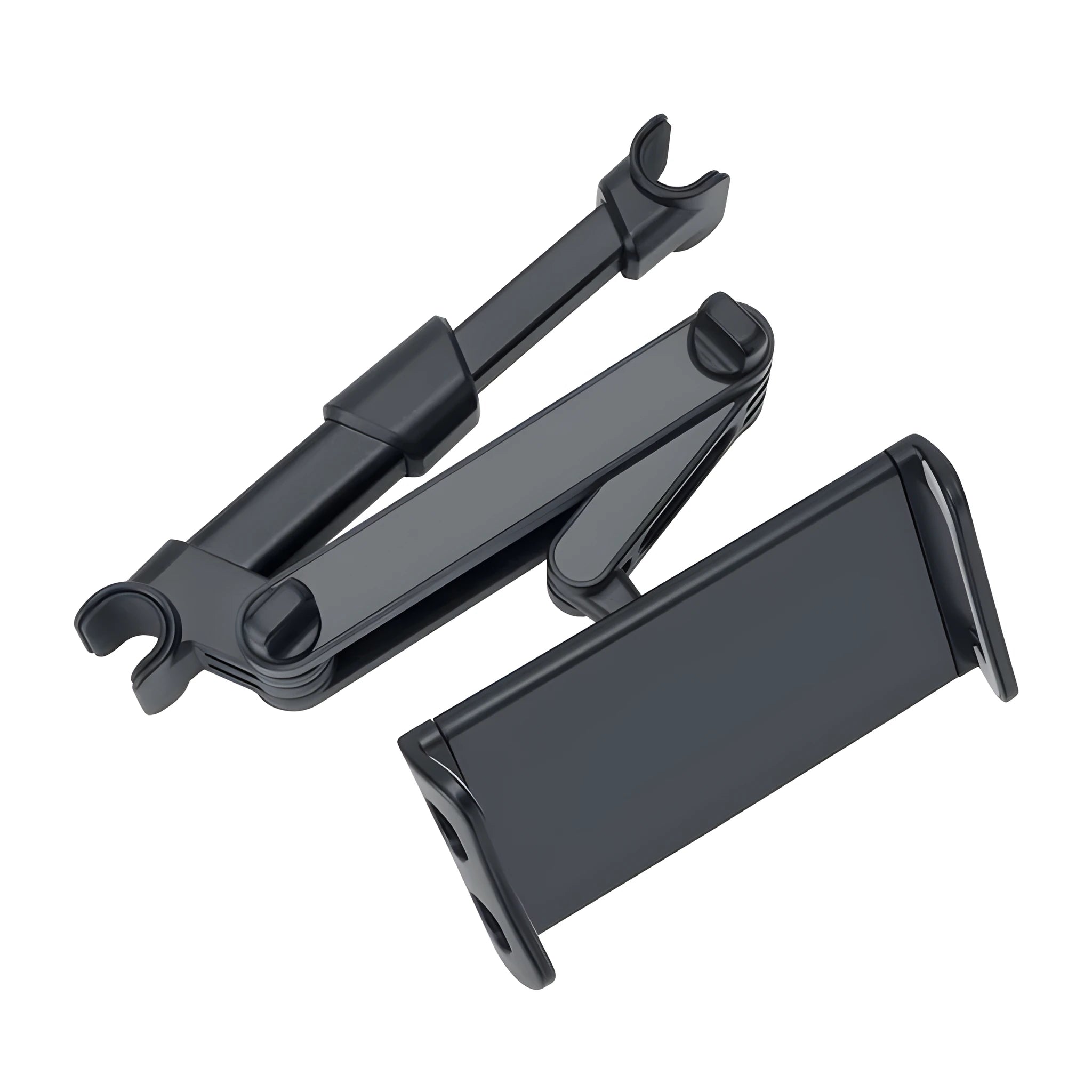 Black universal car phone holder with rear seat base mounting for tablets and phones
