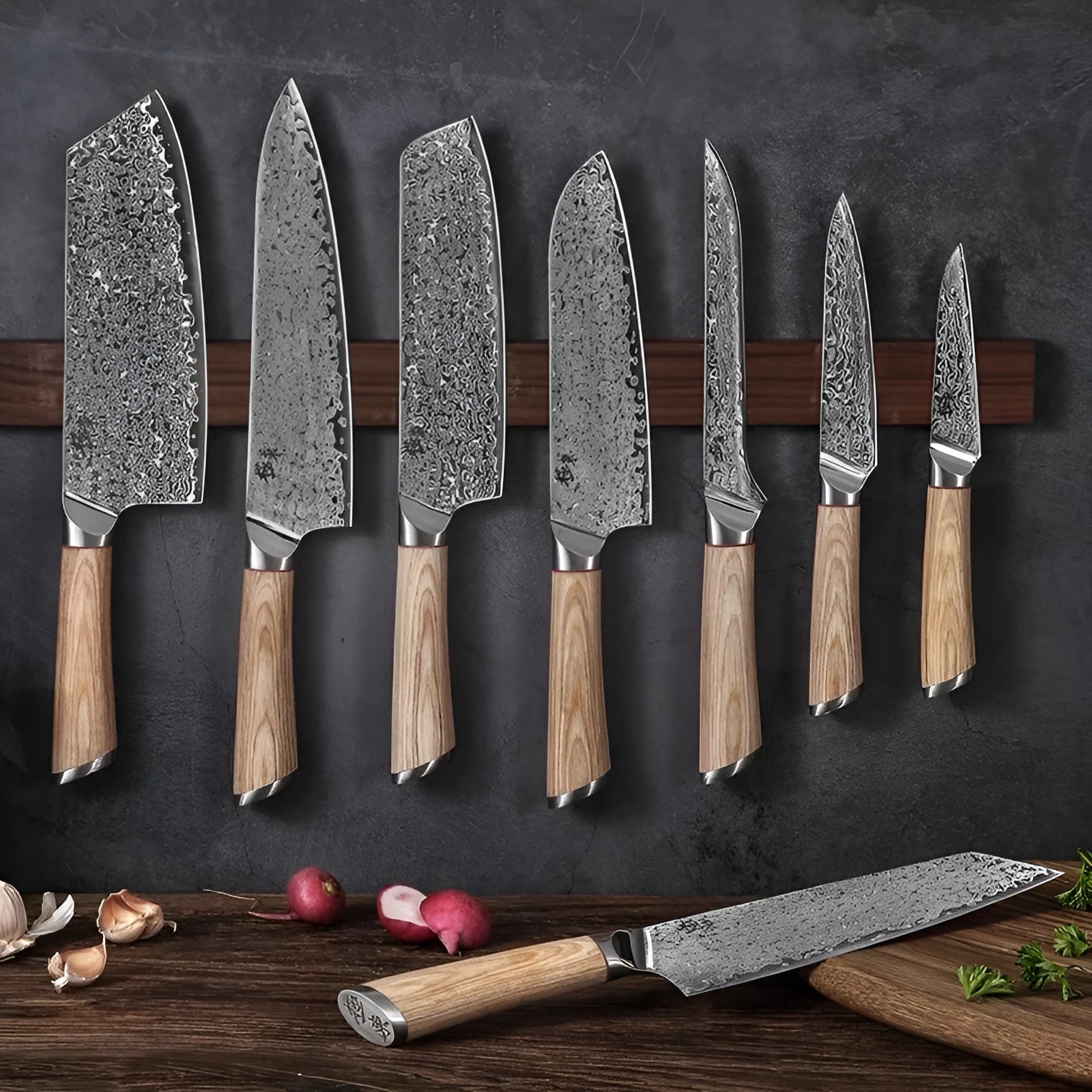 Damascus 12-piece kitchen knife set showing layered steel pattern on various blade sizes from 3.5-inch to 9-inch