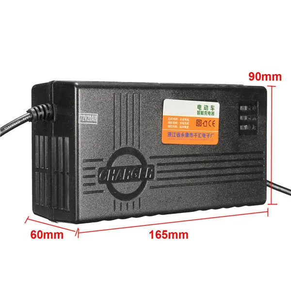 Black 72V20AH electric car charger with compact 165mm design and multiple plug style options