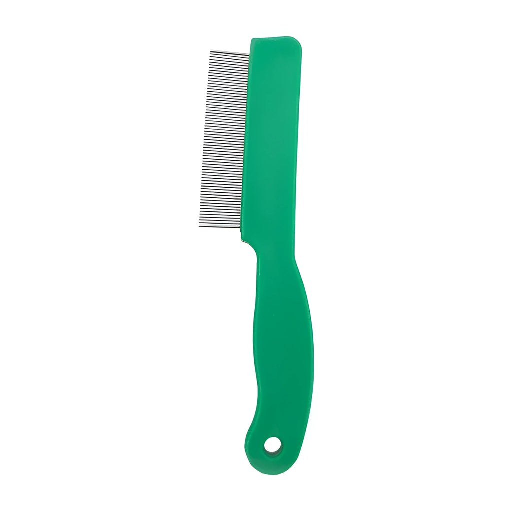 Green plastic-handled pet comb with stainless steel pins for flea and hair removal.