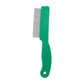 Green plastic-handled pet comb with stainless steel pins for flea and hair removal.