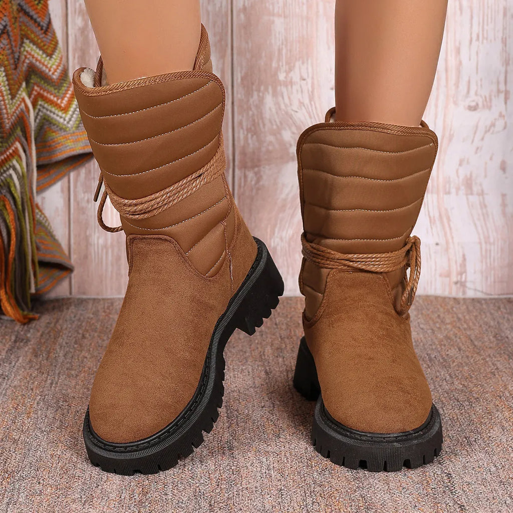 Women's black chunky heel mid-tube snow boots with lace-up design and fleece lining
