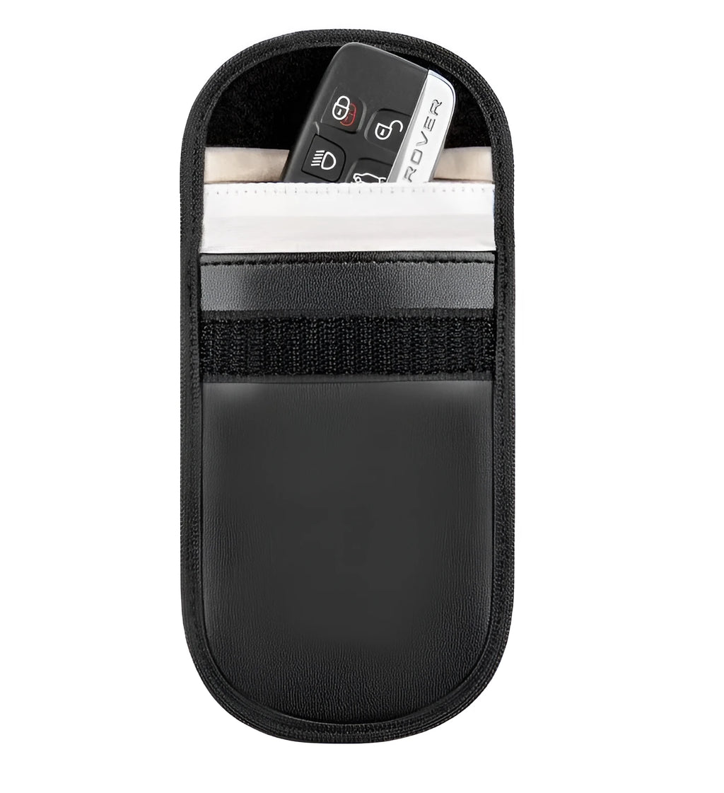 Black microfiber Faraday pouch for car key fobs and RFID cards, measuring 13.5 cm.