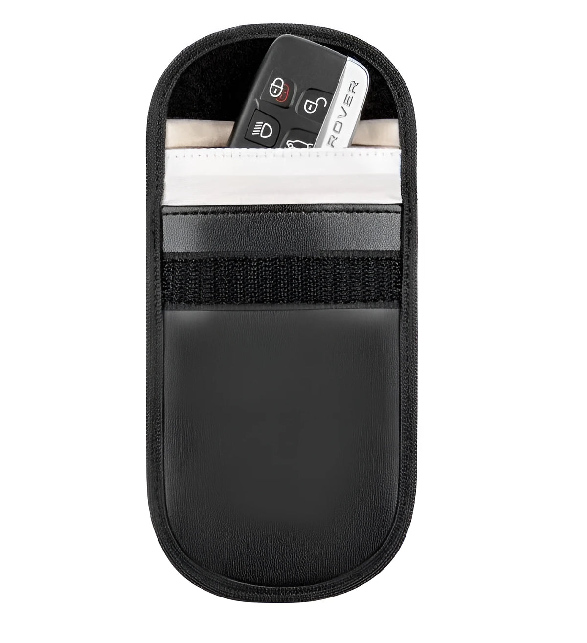 Black microfiber Faraday pouch for car key fobs and RFID cards, measuring 13.5 cm.