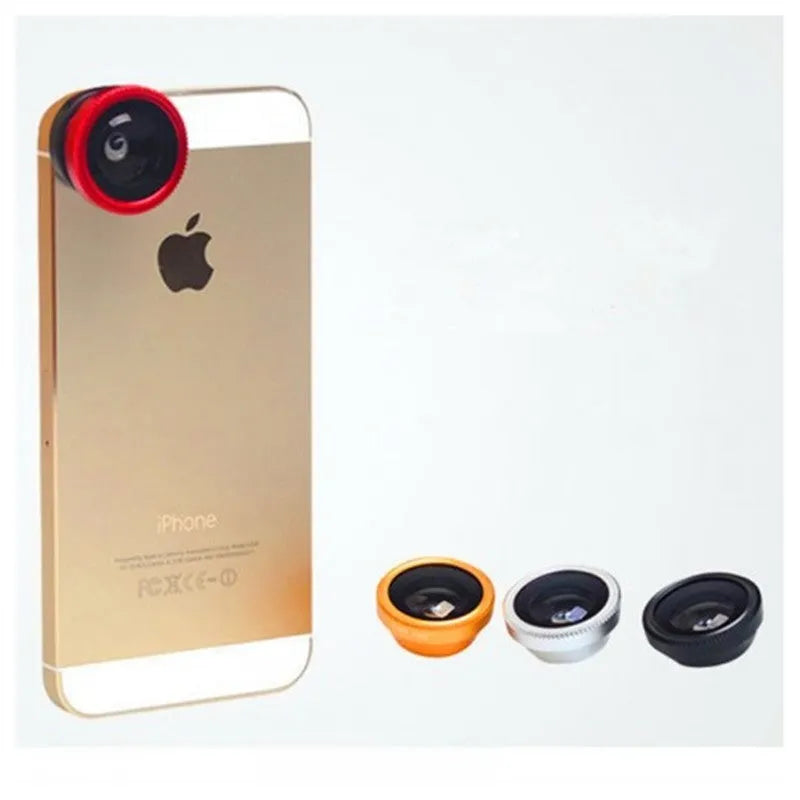 Smartphone camera lens kit with fisheye, macro, and wide angle lenses in aluminium alloy housing