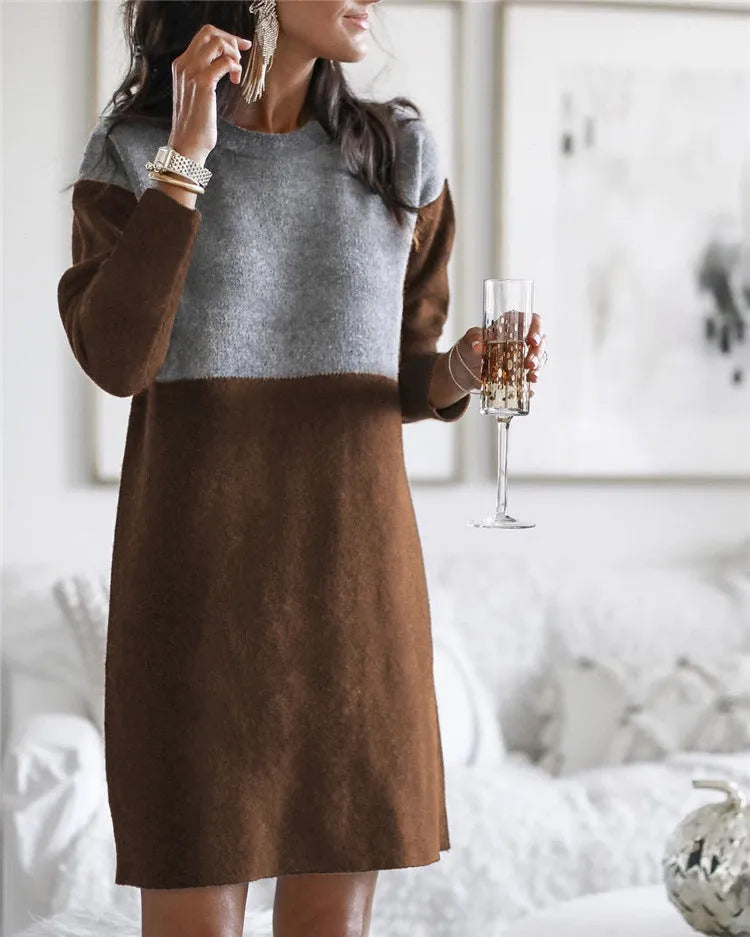 Brown women's cotton polar fleece patchwork skirt with collage stitching and princess dress silhouette