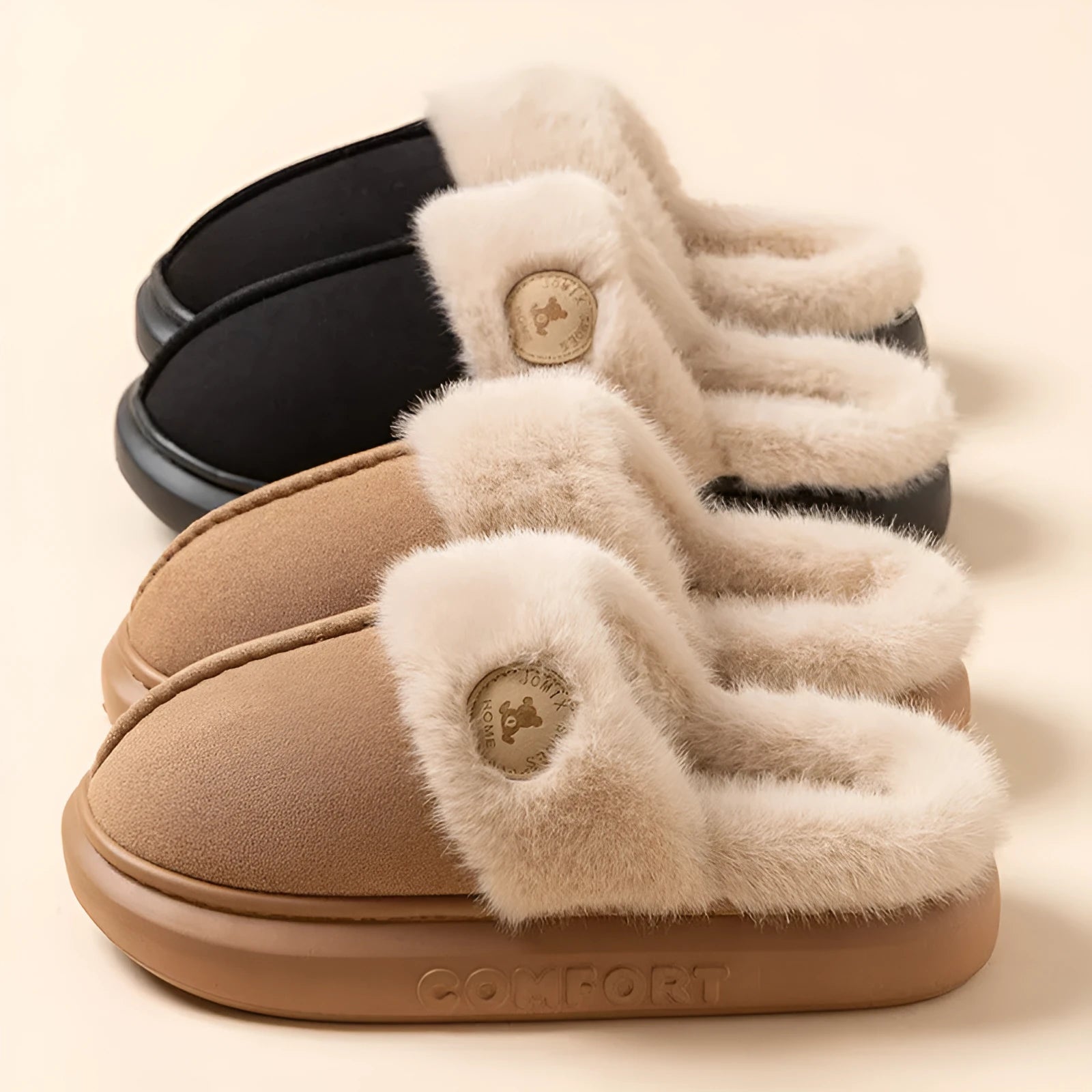 Plush fleece indoor slipper with thick PVC sole in khaki colour