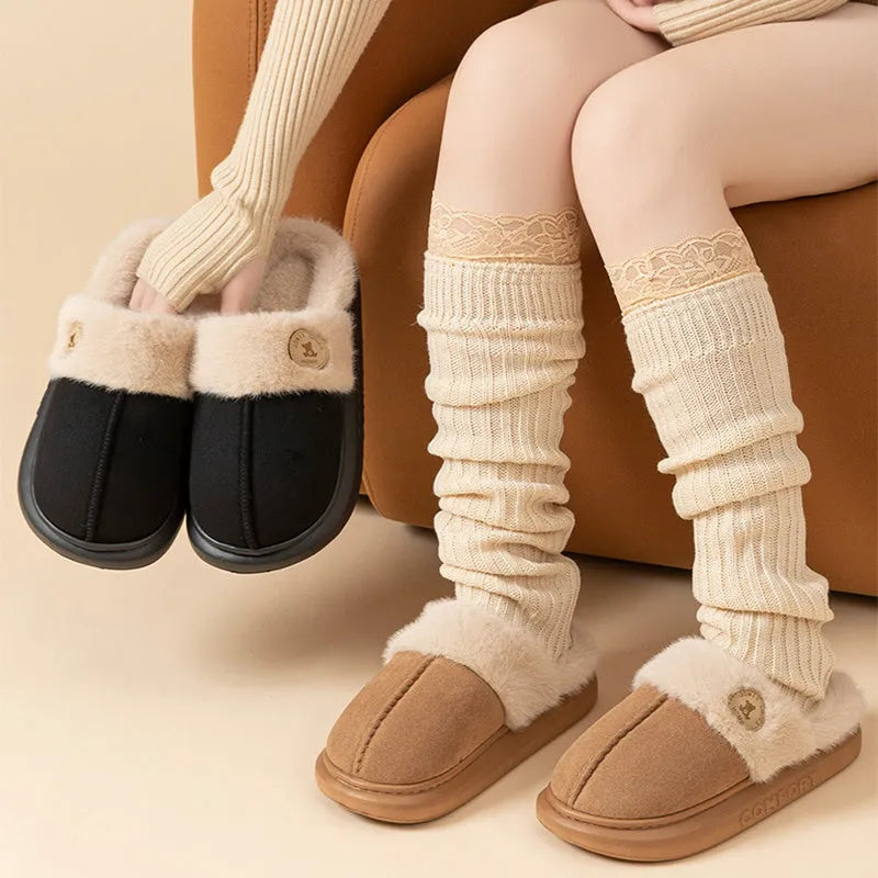 Plush fleece indoor slipper with thick PVC sole in khaki colour