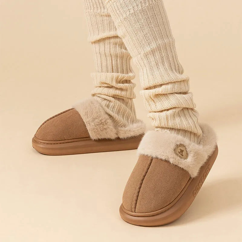 Plush fleece indoor slipper with thick PVC sole in khaki colour