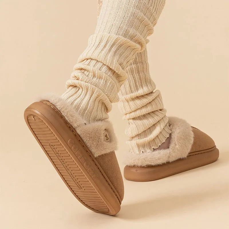 Plush fleece indoor slipper with thick PVC sole in khaki colour