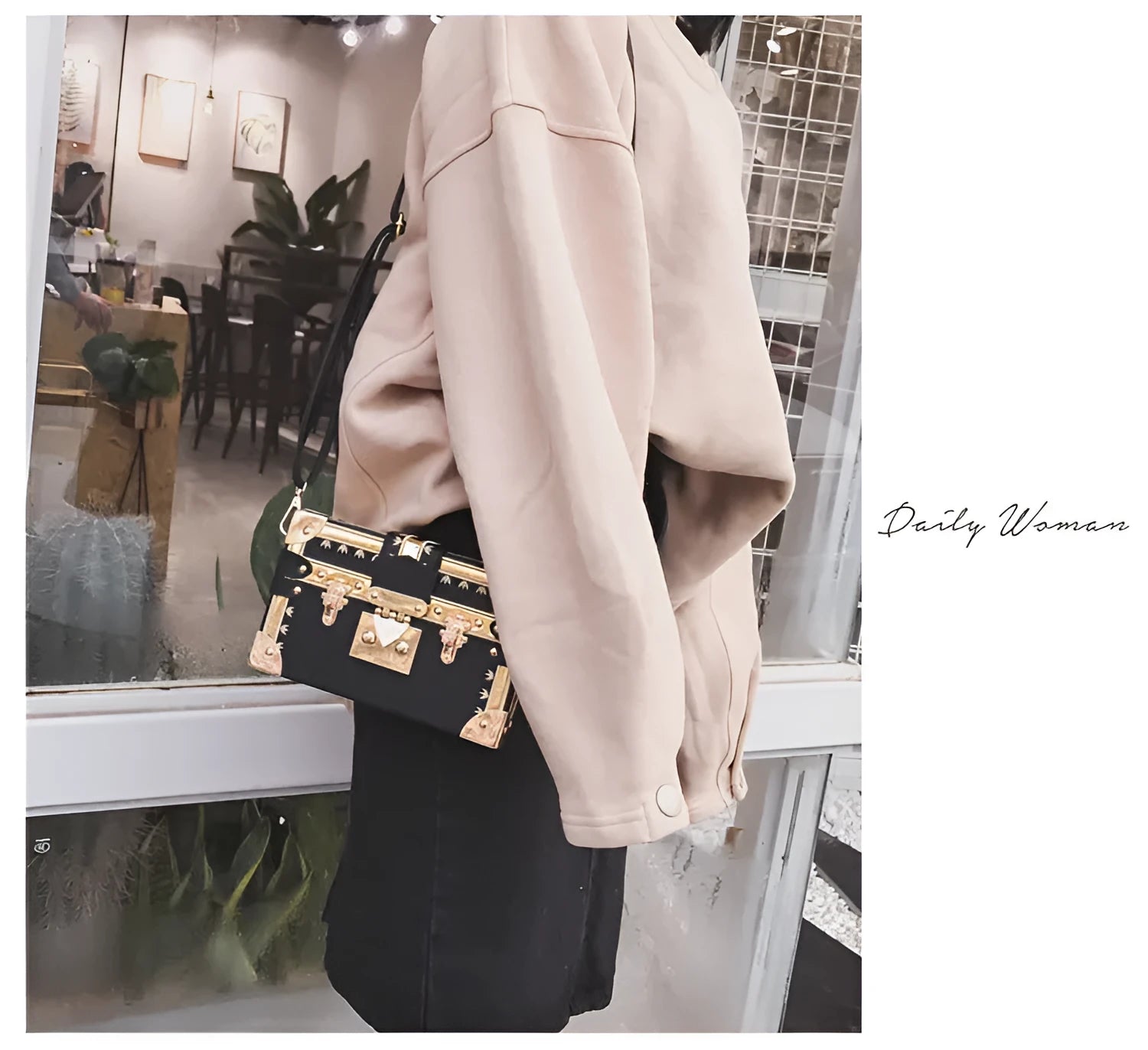 Hard-sided black PU leather women's shoulder bag with flap and decorative rivets.