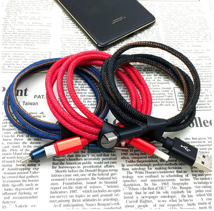 Denim braided Type-C charging cable showing black, blue and red colour options with aluminium alloy connectors