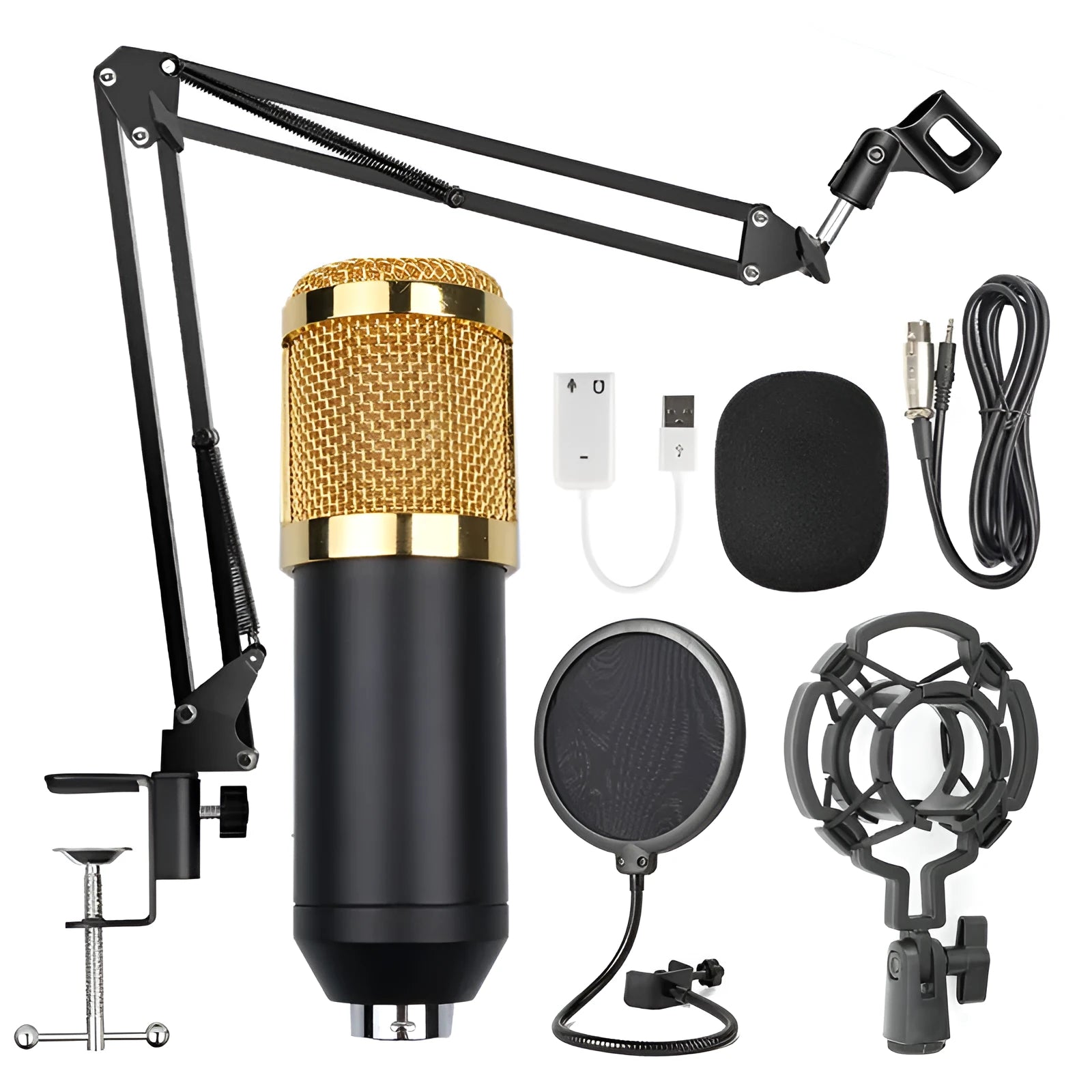 BM-800 condenser studio microphone with electroplated mesh head in choice of colours including black, silver, gold, and pink.