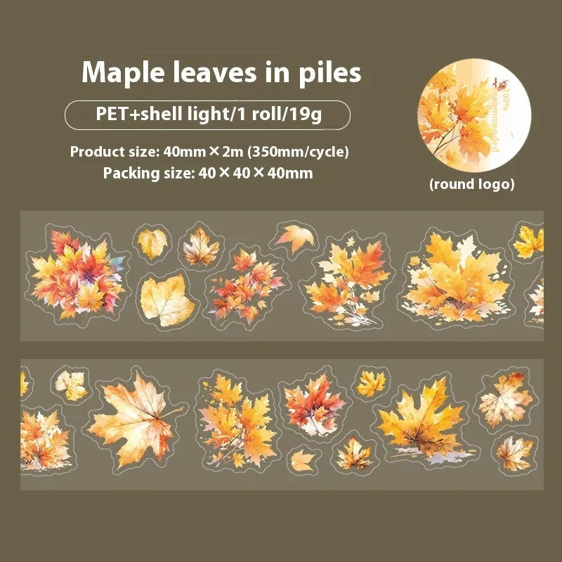 Six rolls of nature-themed decorative stickers showing gentle ginkgo, maple leaf, and blue fallen leaves colour variations