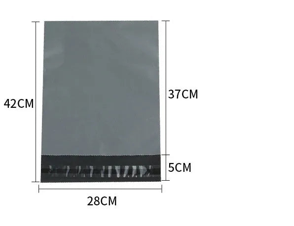 Bundle of 100 clear PE plastic courier bags with adhesive seals in various sizes on a white background.