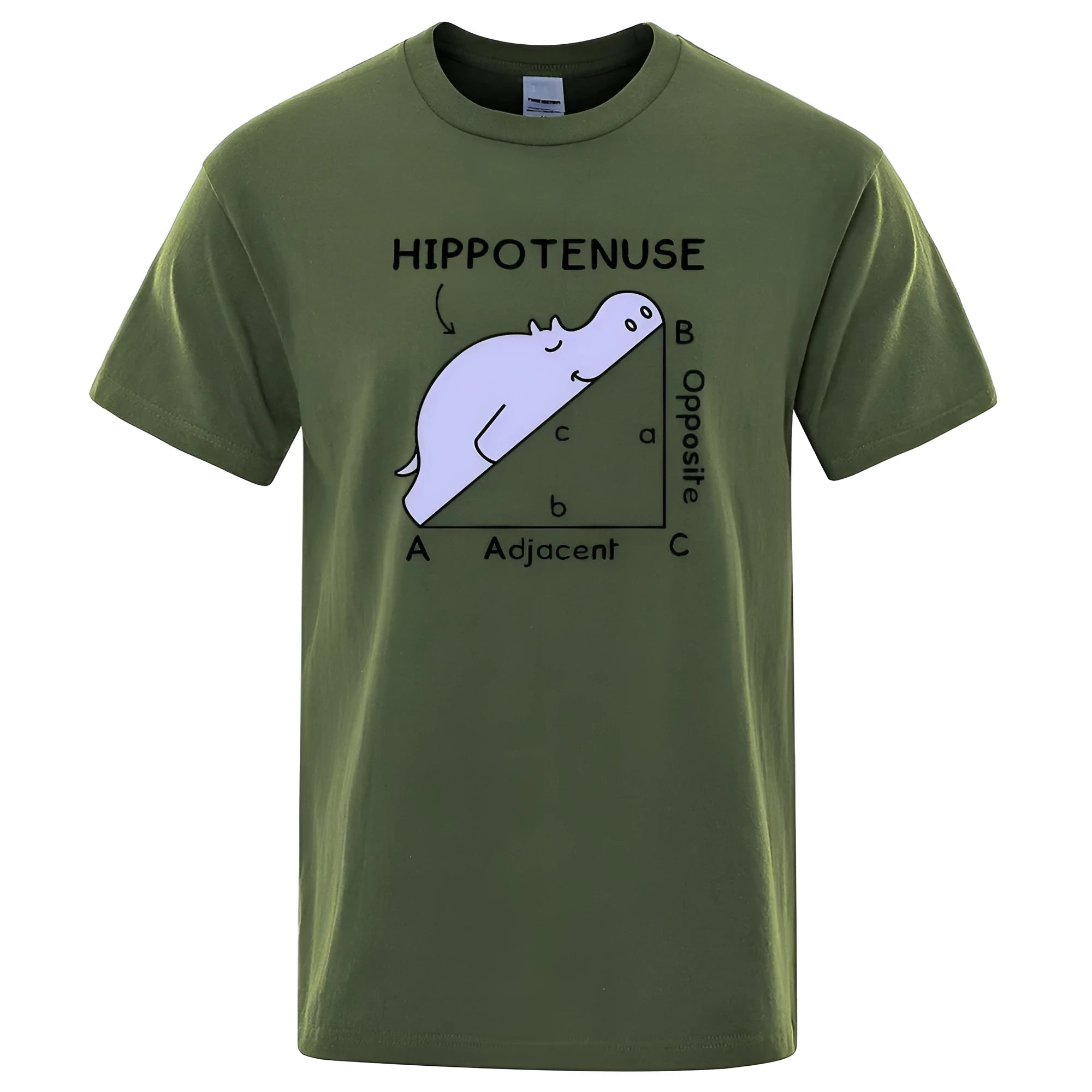 Loose fit cotton T-shirt with white 'Hippotenuse Opposite Adjacent' funny print, shown in Army Green colour.