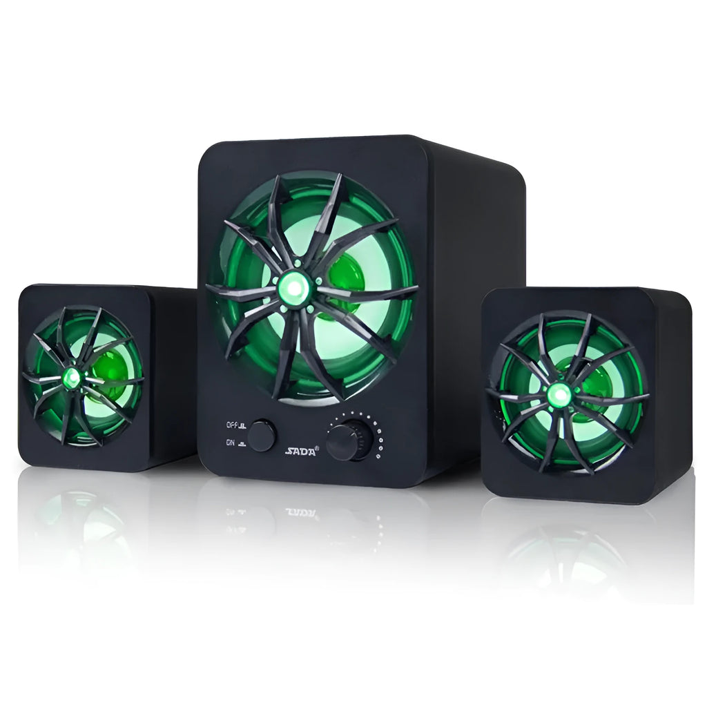 Green ABS plastic 2.1 USB computer speaker with colourful LED lights and dual connectivity ports