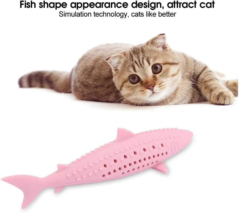 Green fish-shaped silicone chew toy for cats with visible side holes and a removable section for catnip.