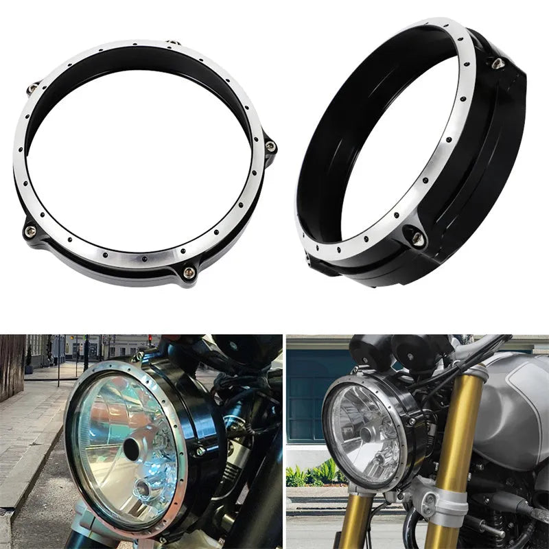 Black CNC aluminium headlight protective frame for a BMW R Nine T Scrambler motorcycle.