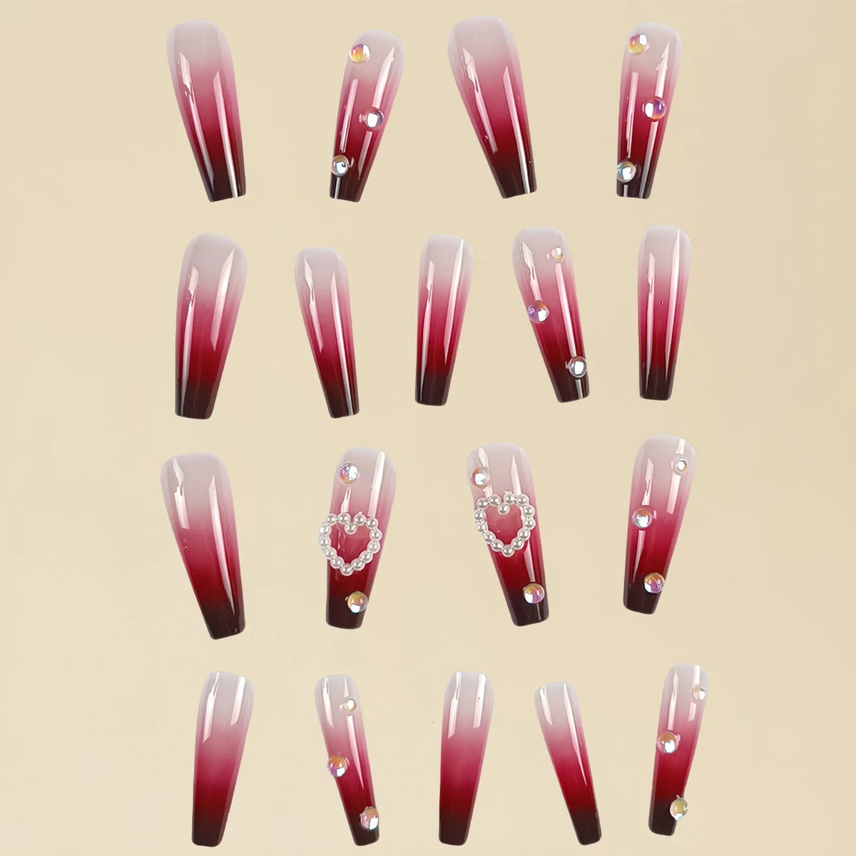 Wine red gradient fake nail tips with pearl heart and plaid pattern in ballet style