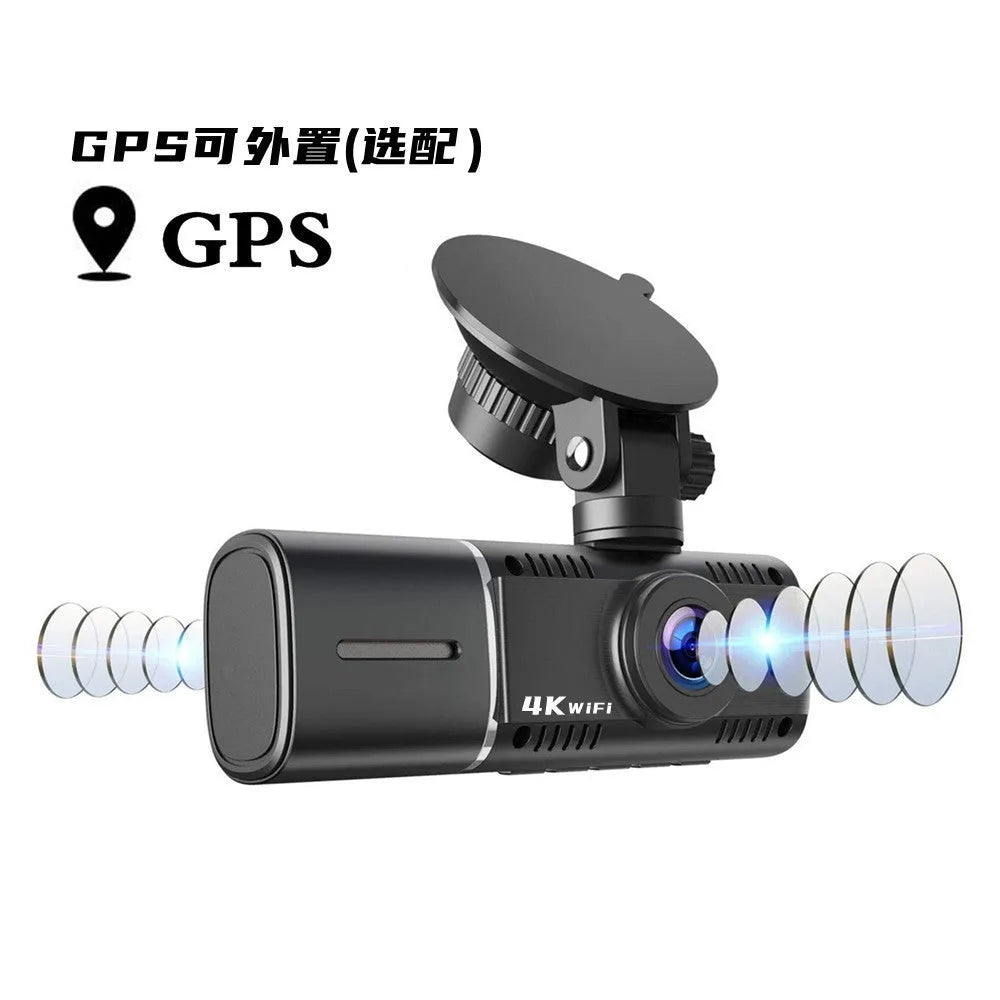 Standard black dual-channel dashboard camera with a 1.5-inch screen, shown with car charger and mounting stand.