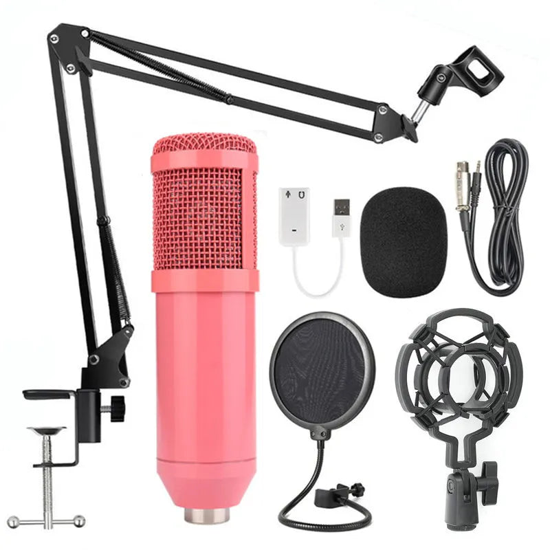 BM-800 condenser studio microphone with electroplated mesh head in choice of colours including black, silver, gold, and pink.