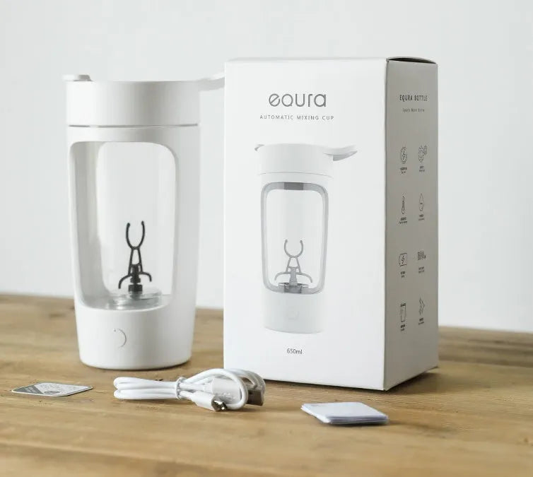 Portable personal blender in black, blue, pink or white colours showing 650ml cup with integrated blades