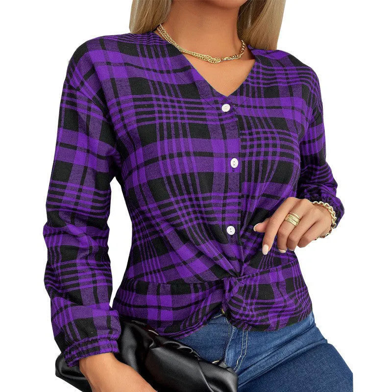 Women's loose purple, grey, and red plaid casual shirt with regular sleeves