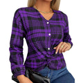 Women's loose purple, grey, and red plaid casual shirt with regular sleeves