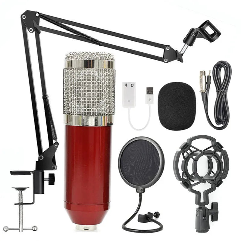 BM-800 condenser studio microphone with electroplated mesh head in choice of colours including black, silver, gold, and pink.