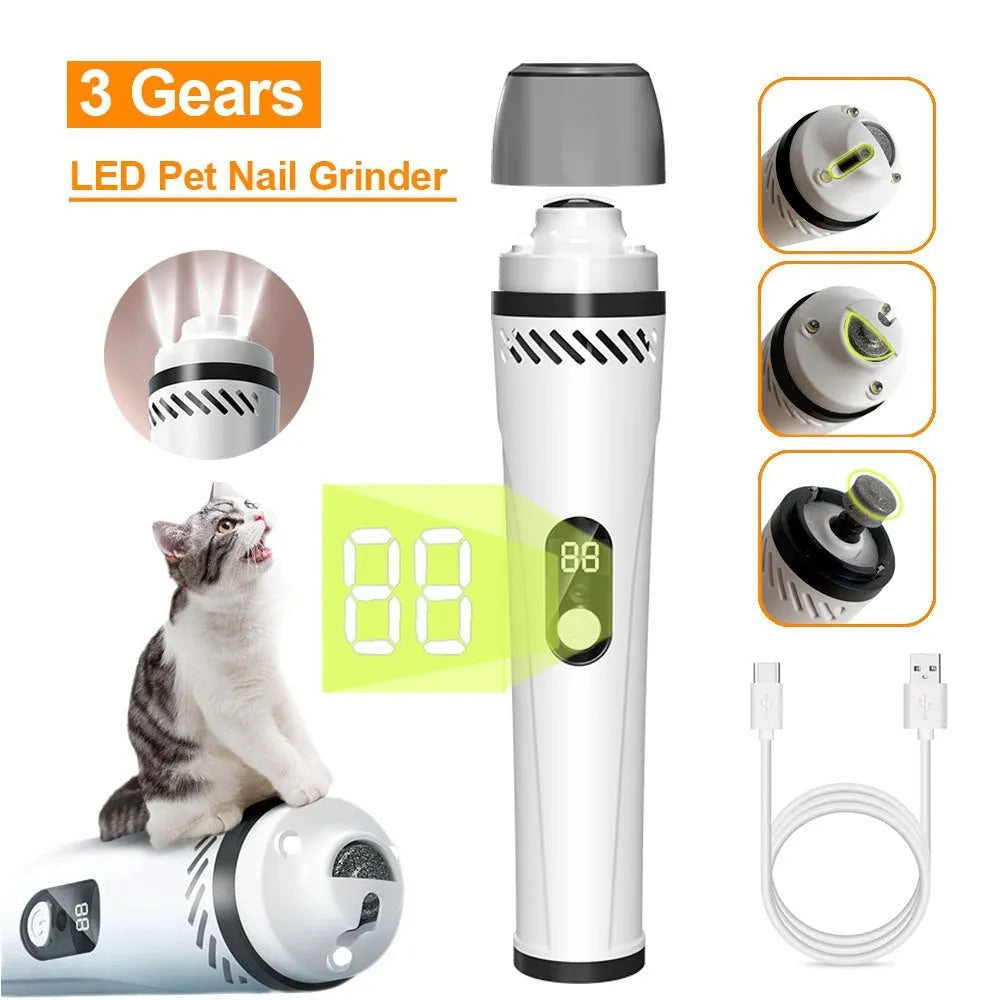Automatic electric nail grinder for dogs showing digital display, LED indicators, and dust collection system