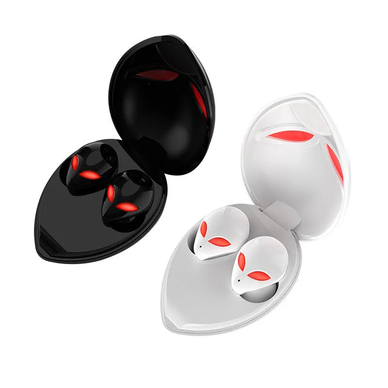 Creative Outer T8 Starman alien-design Bluetooth headset and charging case in red, blue, white, or black.