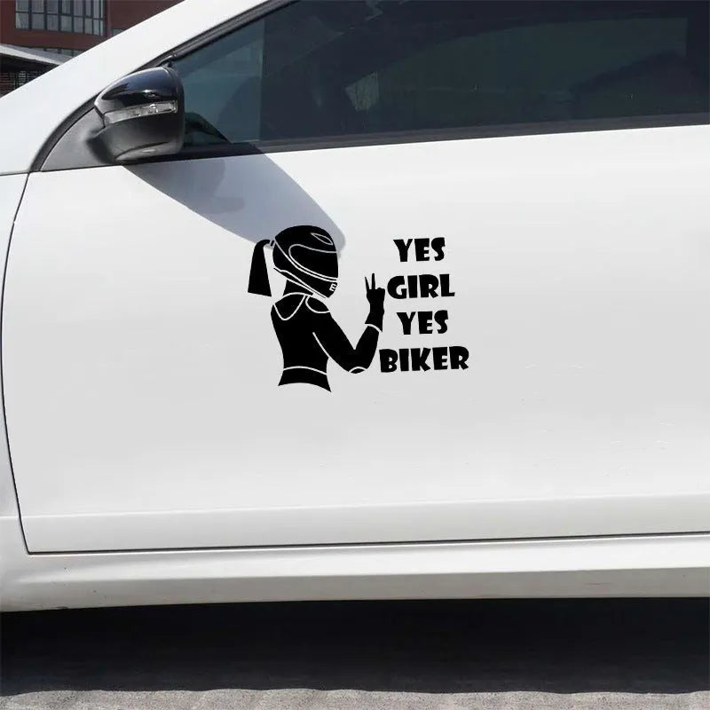 Waterproof car sticker with girl rider motorcycle pattern in black, white, and laser colours measuring 16cm by 15cm